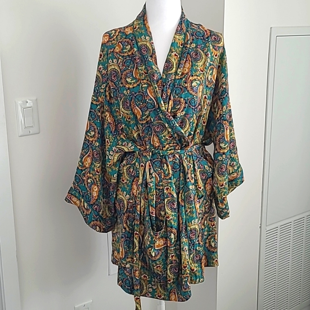 Free People Teal Paisley Satin Robe with Gold and Navy Accents
